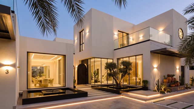 A contemporary villa with illuminated interiors and a palm-lined terrace